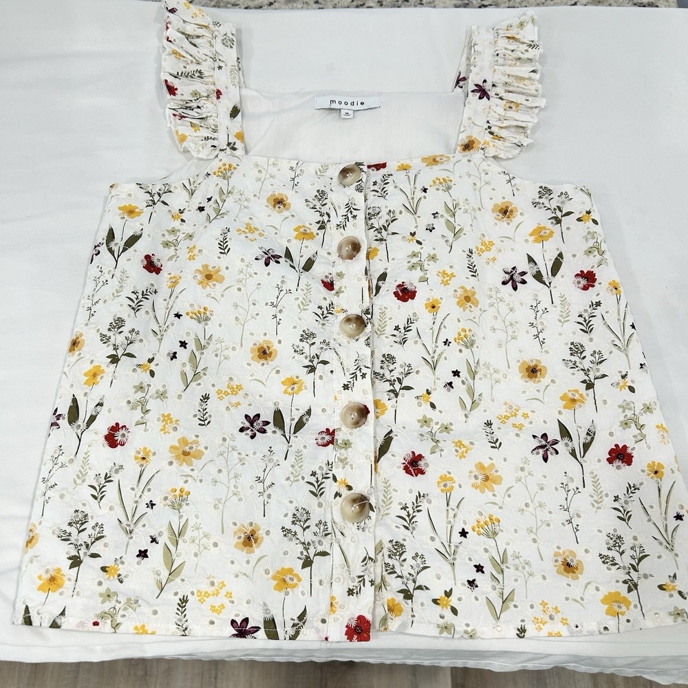 Moodie Floral Eyelet Ruffle Strap Boho Whimsy Coquette Top Blouse Buttons Medium